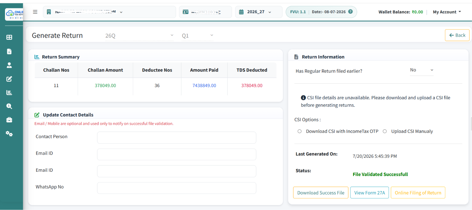 OnlineTDS software Generate Return screen for 26Q Q1 showing challan and deductee summary, CSI file options, and Online Filing of Return button